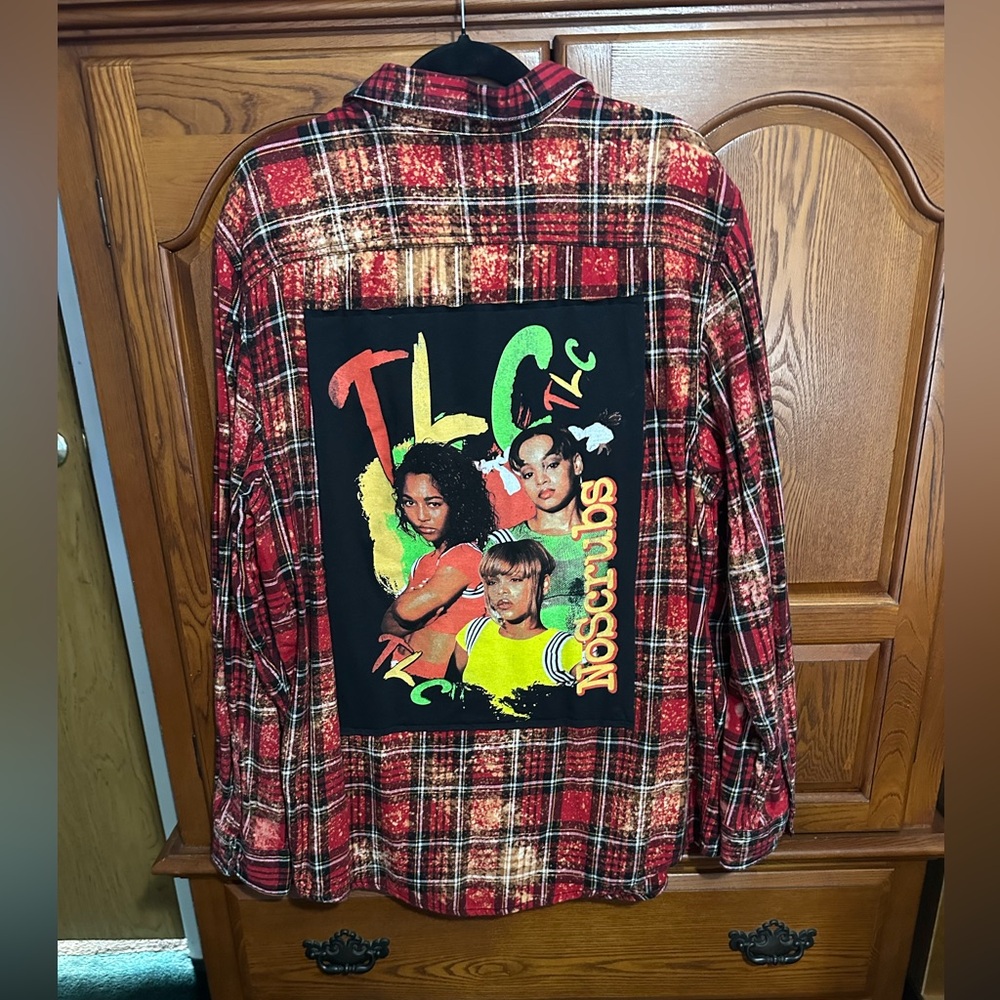 TLC No Scrubs upcycled bleached flannel tee One of a Kind